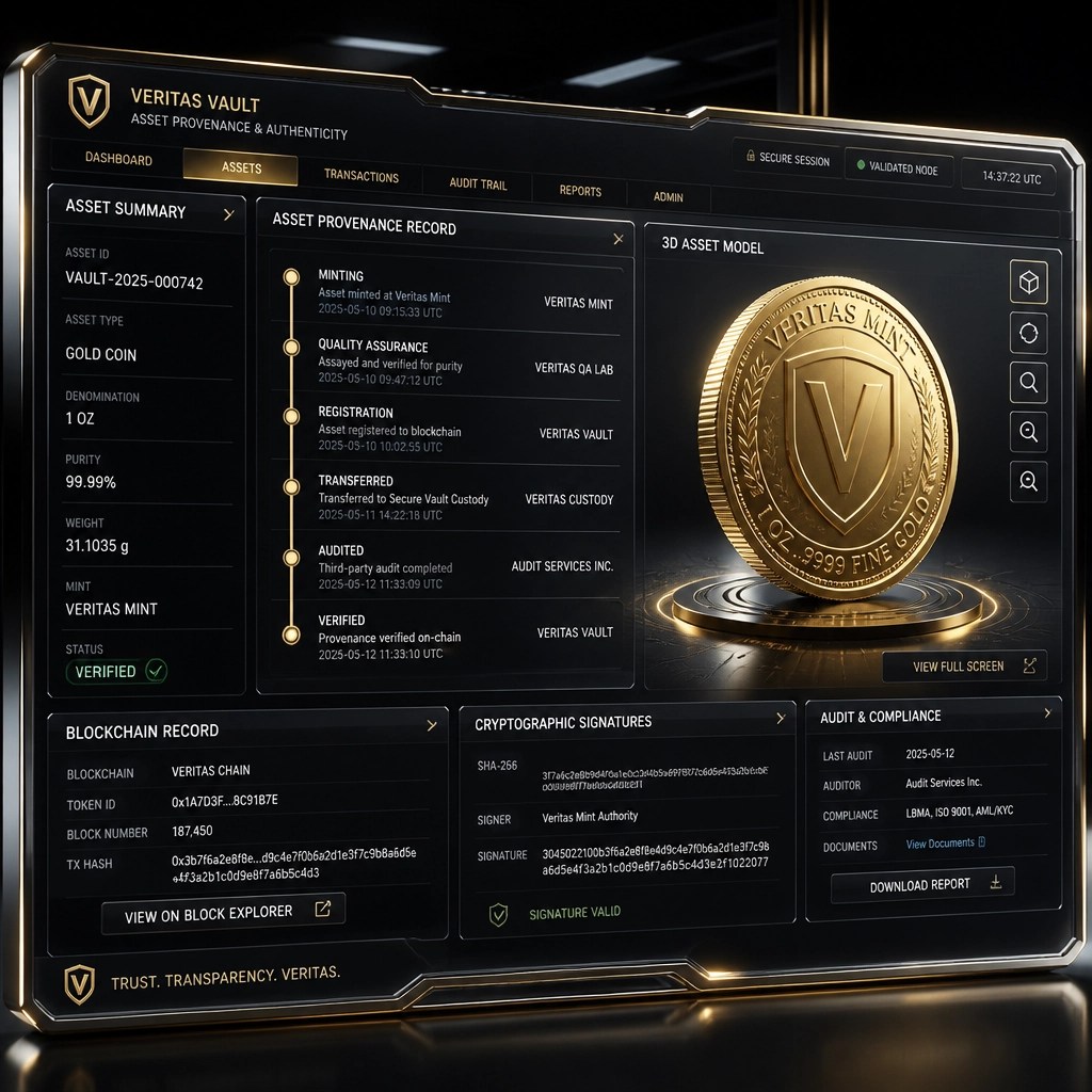 A metallic, futuristic dashboard interface displaying asset provenance records and 3D models of gold coins.