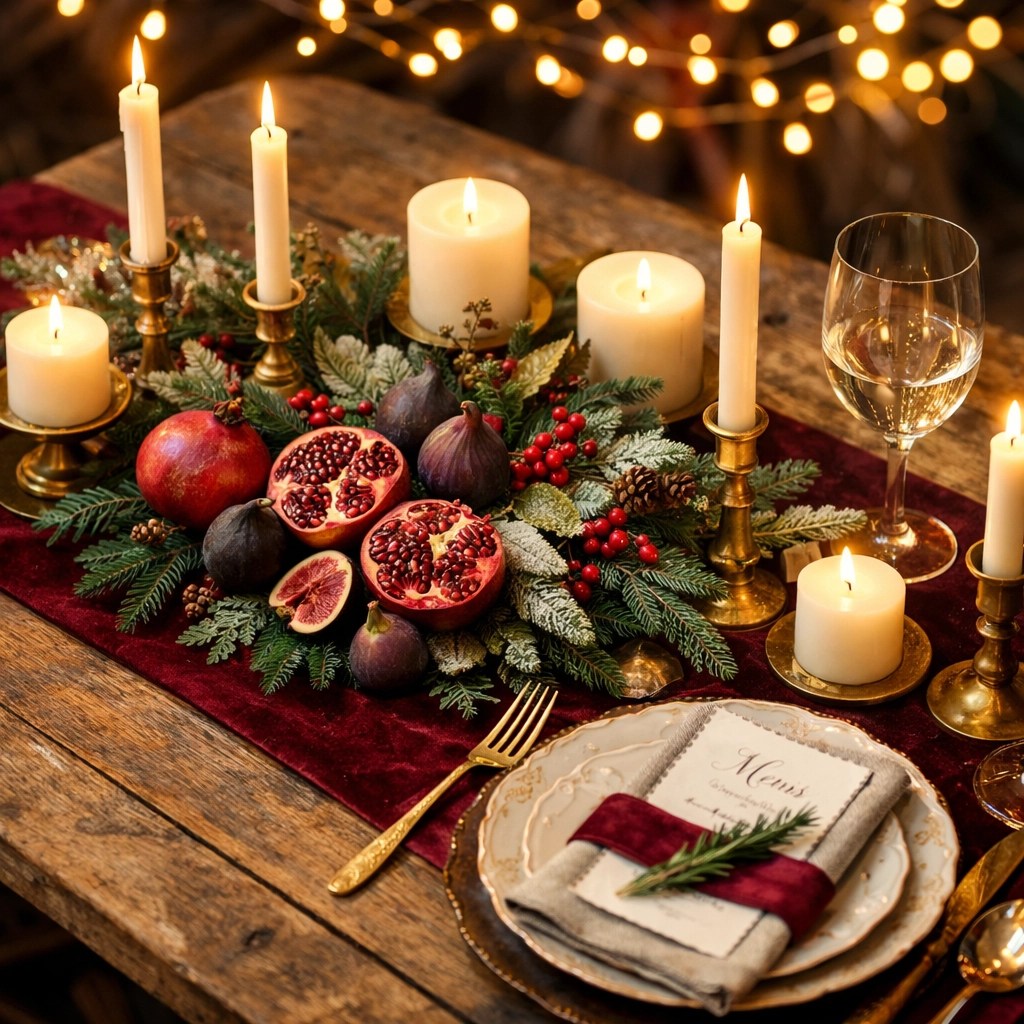 Winter wedding reception table with velvet runners and seasonal centrepieces in Kent