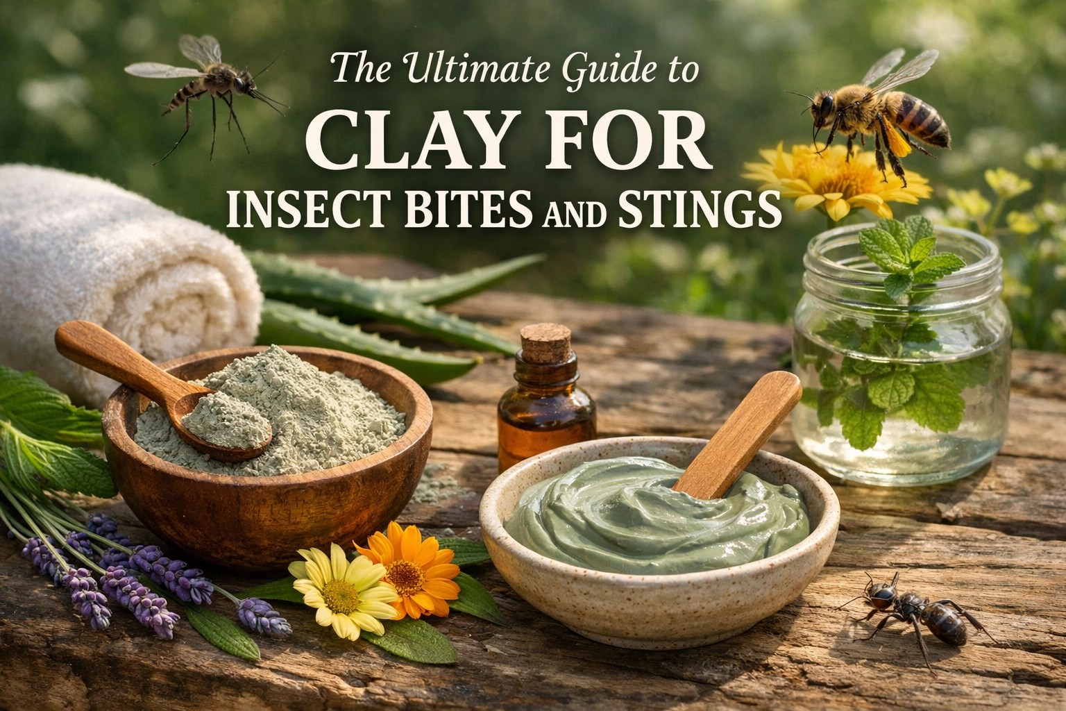 Green clay and healing clay poultice concept image for bug bites and stings—cooling, soothing, and mineral-rich (Clayer mentioned in article as a top choice). Green clay paste poultice for insect bite relief (natural healing clay guide).