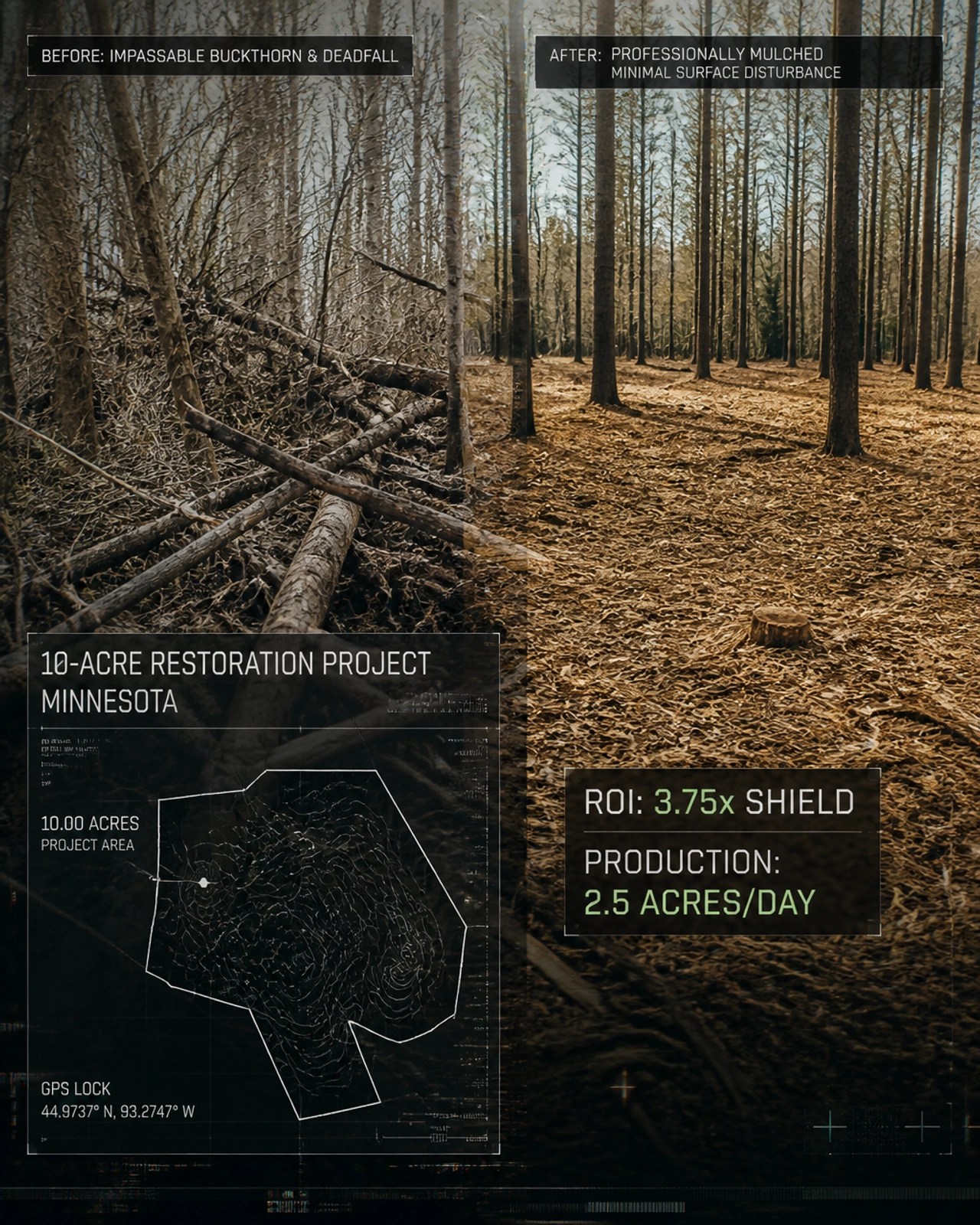 Split-screen before and after of a Minnesota forest restoration showing 2.5 acres/day production and 3.75x ROI shield.