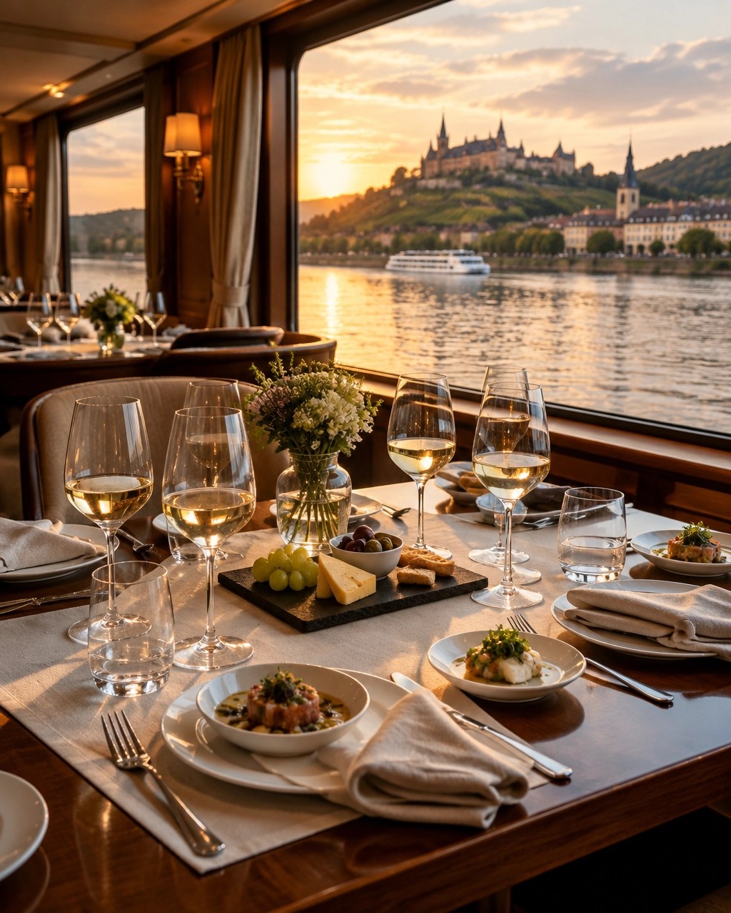 Elegant river cruise wine tasting table with European scenery beyond the windows