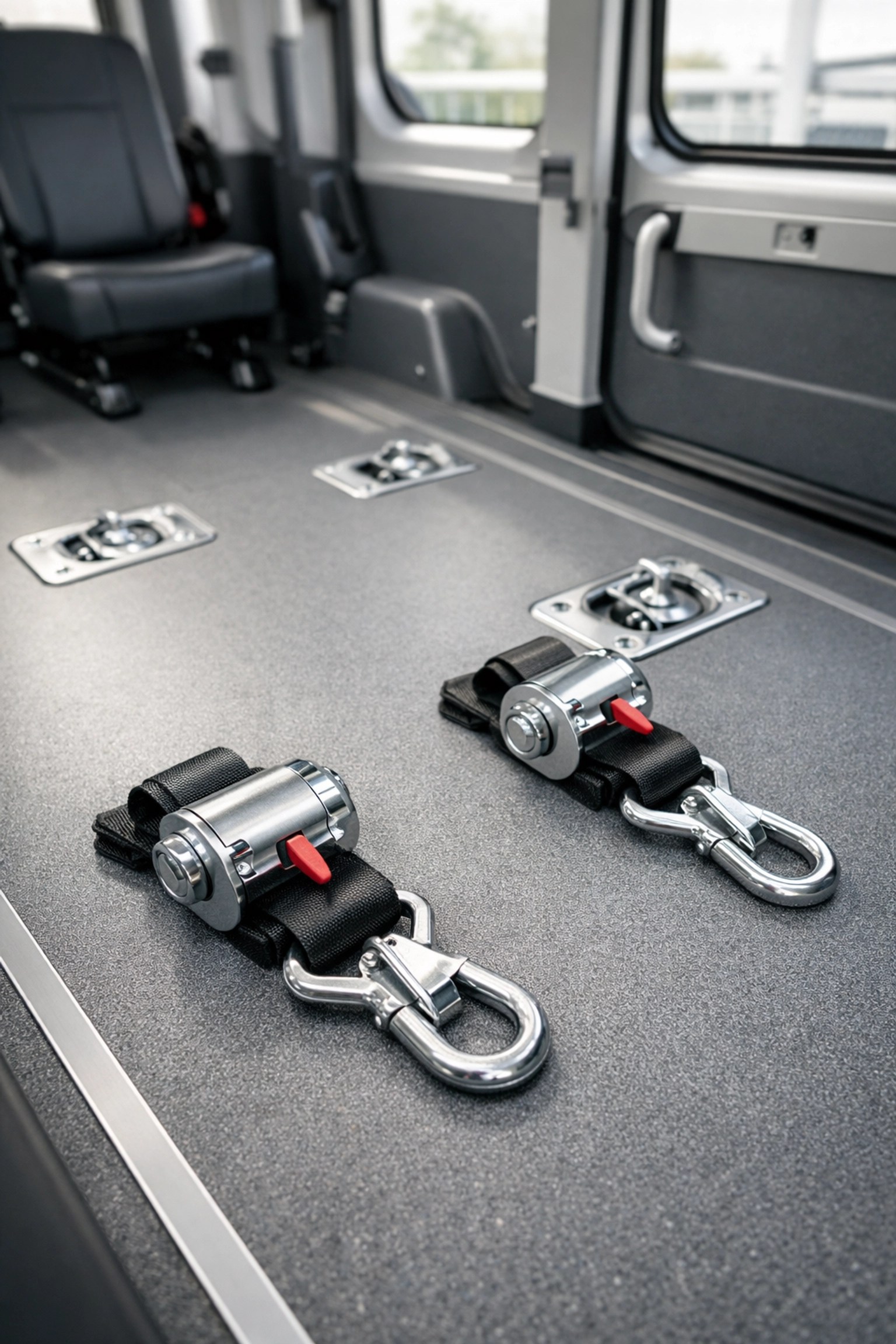 Secure wheelchair tie-down anchors and safety straps inside a clean, professional NEMT vehicle.