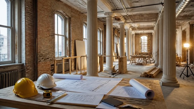Historic downtown building interior being renovated into apartments with architectural plans and construction equipment