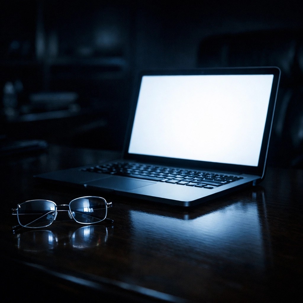 Dark office laptop representing Microsoft Copilot privacy risks and AI access to confidential emails.