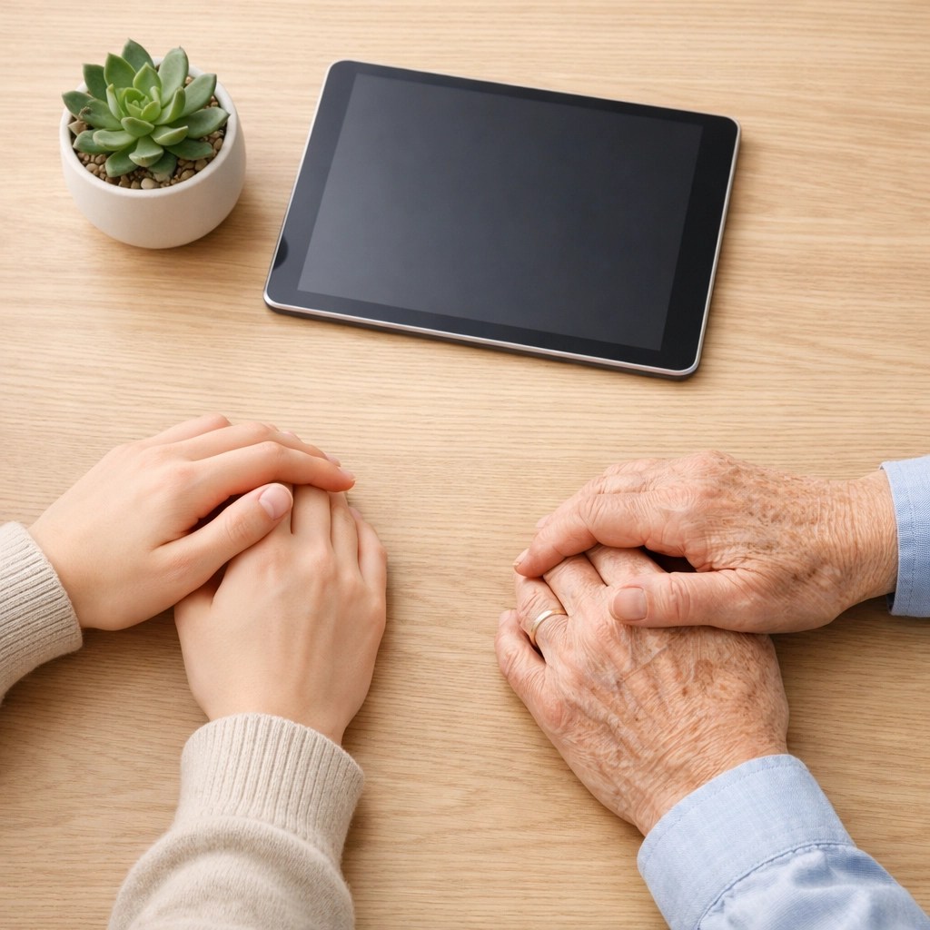 Caregiver and patient using a tablet to schedule recurring medical rides for chronic illness care.