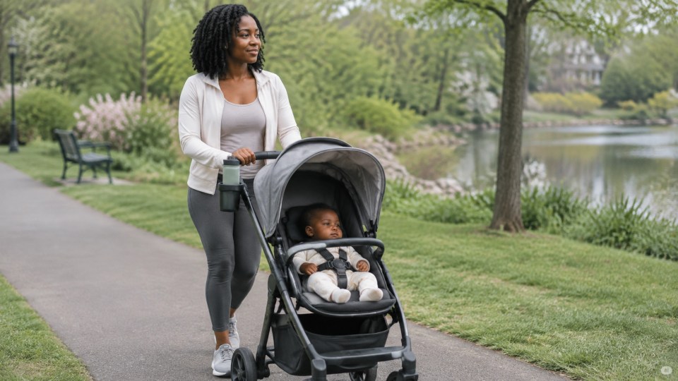 Return to exercise after childbirth: a Black mother takes a gentle stroller walk with her baby along a park path by the water.