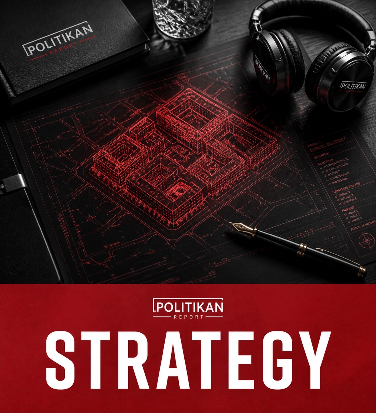 Blueprint of a city on a desk with STRATEGY text for analyzing the impact of urban news.