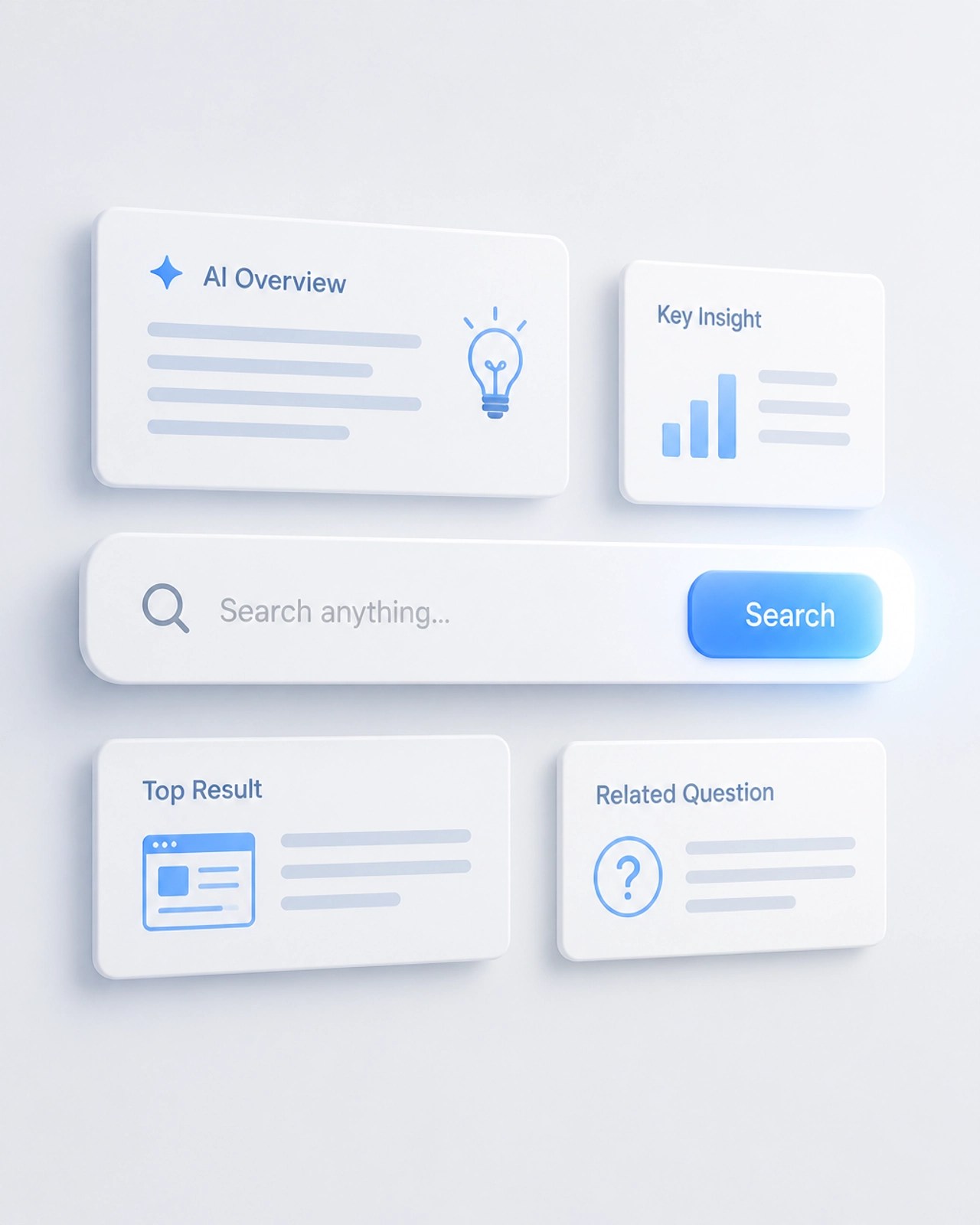 A minimalist 3D illustration of a digital search interface showcasing AI-generated answer modules and search icons.