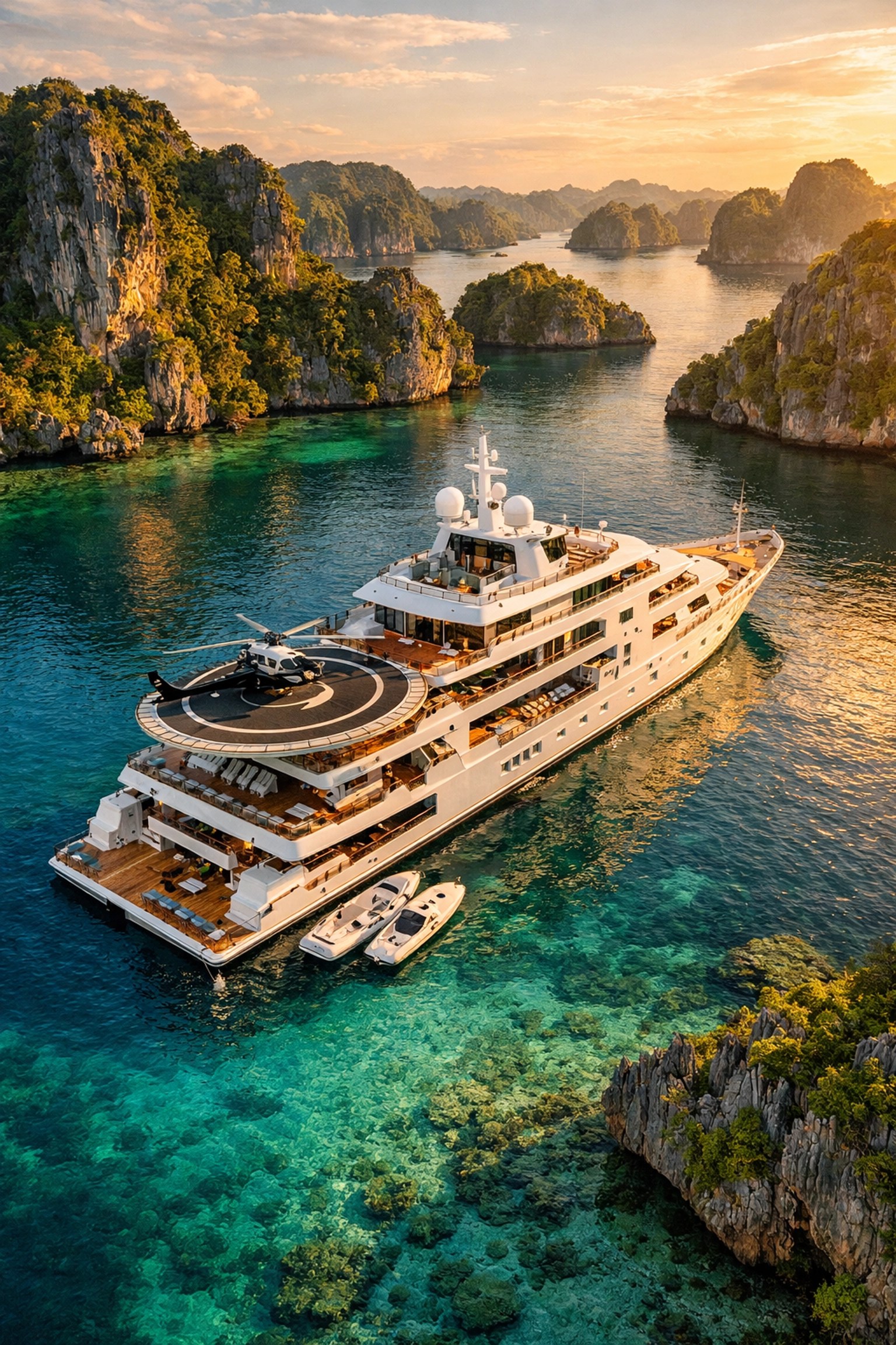 Luxury expedition yacht anchored in remote tropical waters with helicopter pad