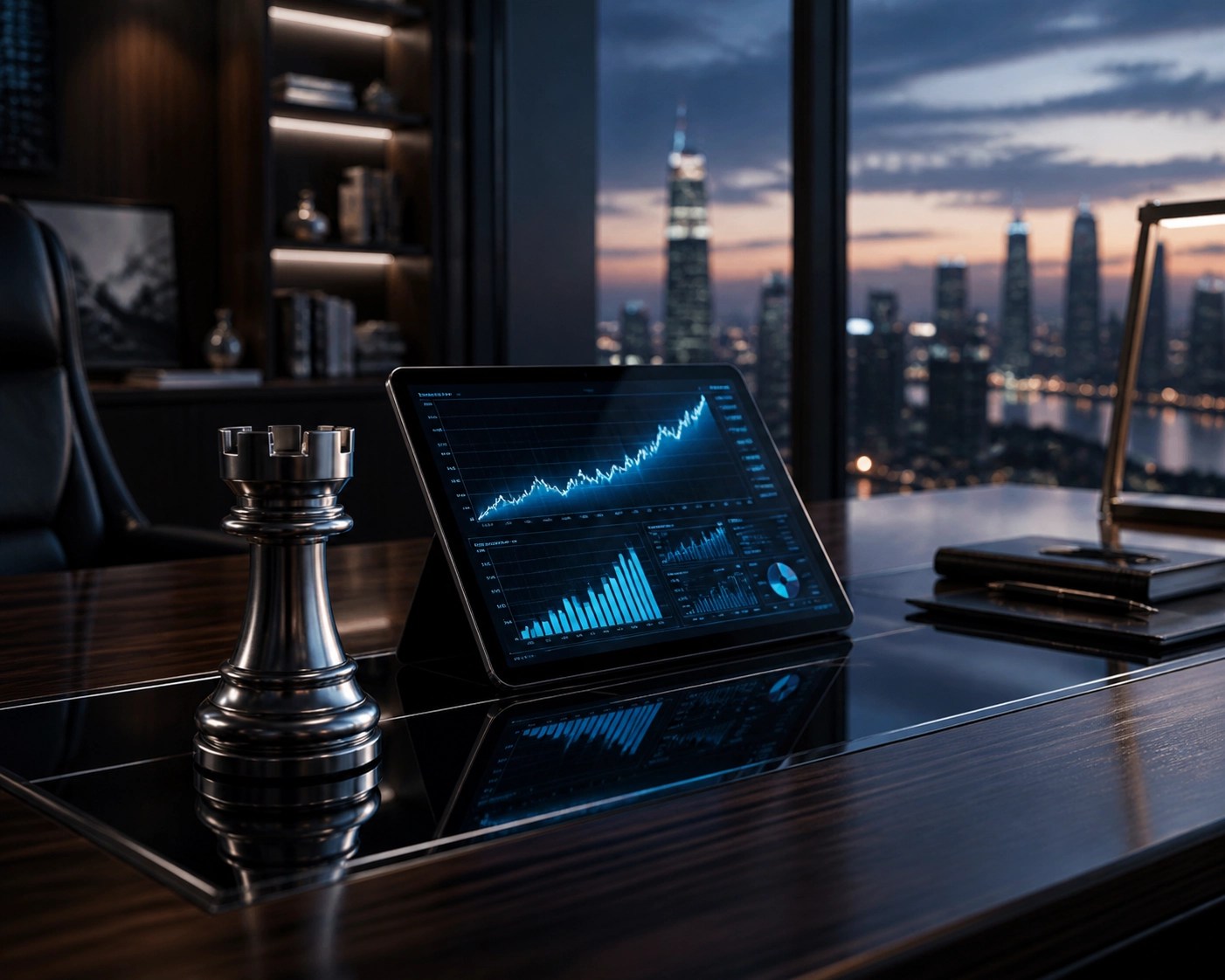 Strategic wealth management desk with financial data and a chess piece for asset protection planning.