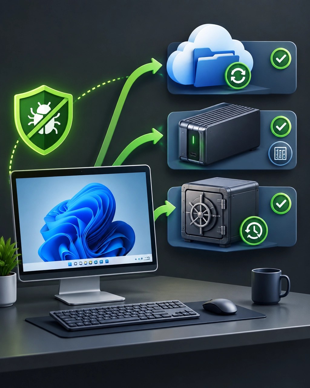 Three-layer backup strategy for a Windows 11 workstation with cloud, external storage, and offline recovery