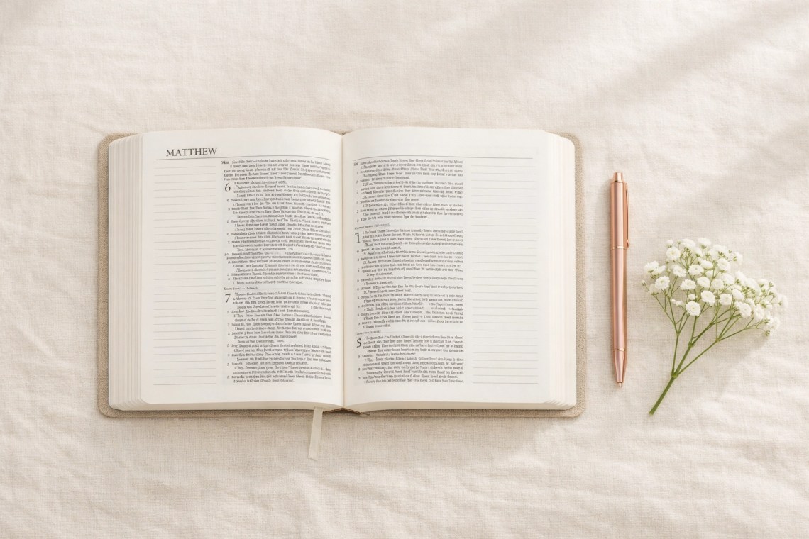 Minimalist bible journaling setup with an open wide-margin Bible and a rose gold pen on linen.