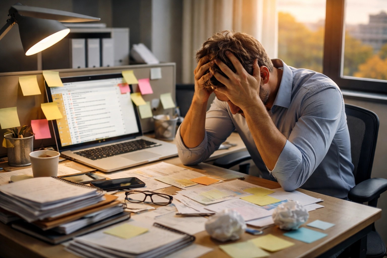 Stressed entrepreneur overwhelmed at cluttered desk, illustrating challenges of taking on the wrong clients