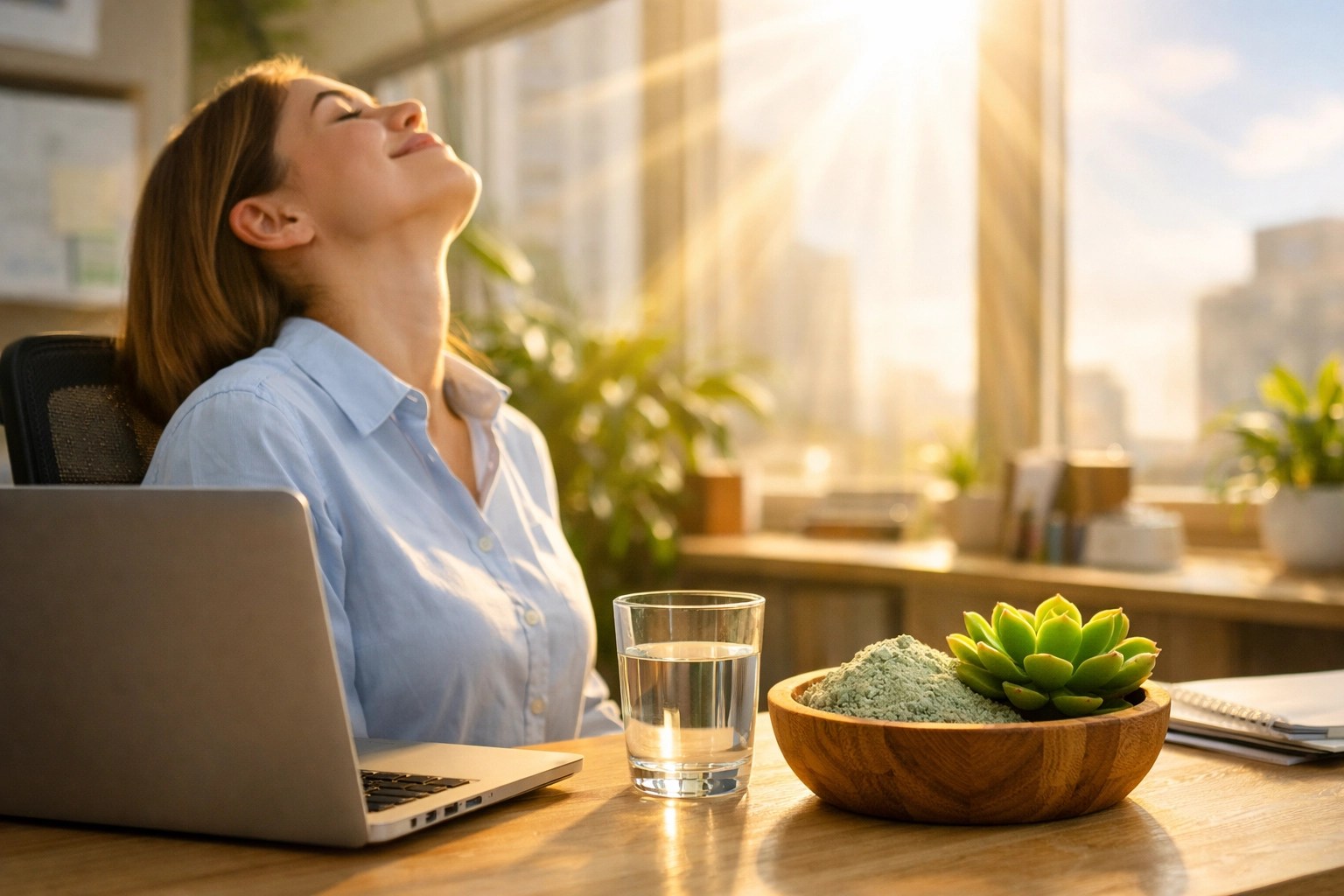 Office worker stretching their neck to relieve desk-related tension and counteract tech neck.