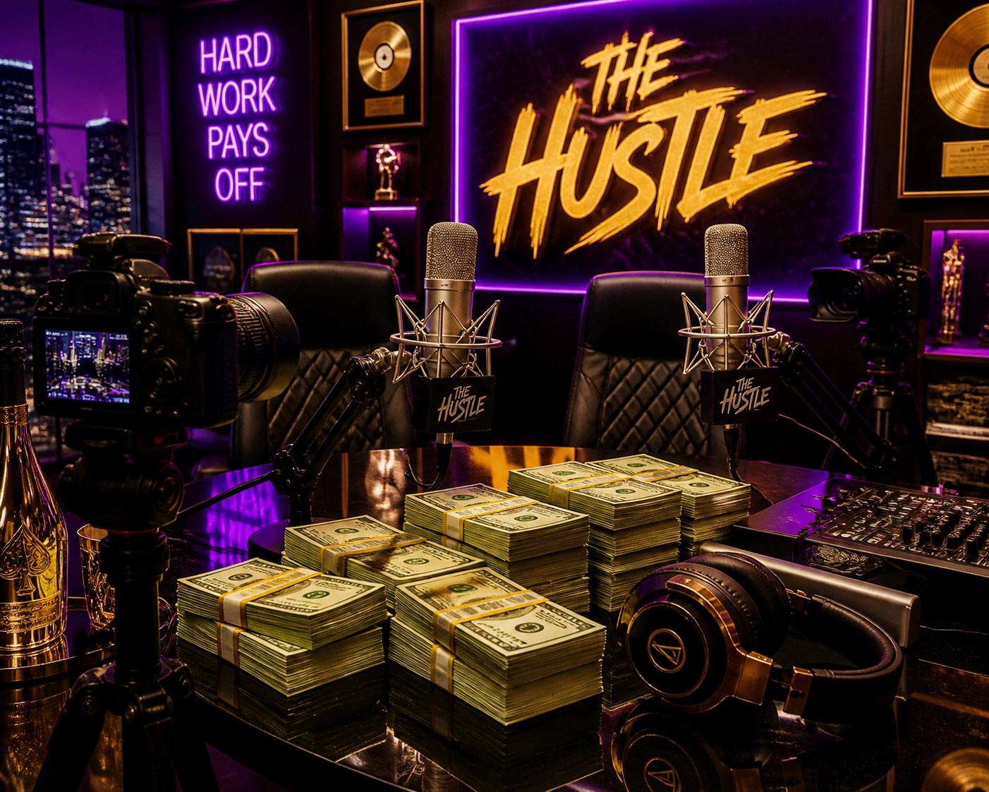 Professional podcast studio with stacks of cash depicting hip-hop interview monetization.