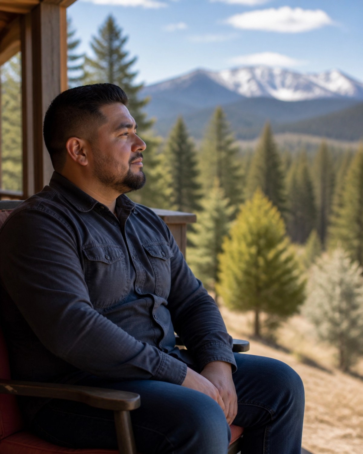 A Hispanic man in his 30s reflecting on a porch against a Colorado landscape, symbolizing the internal struggle amidst natural beauty