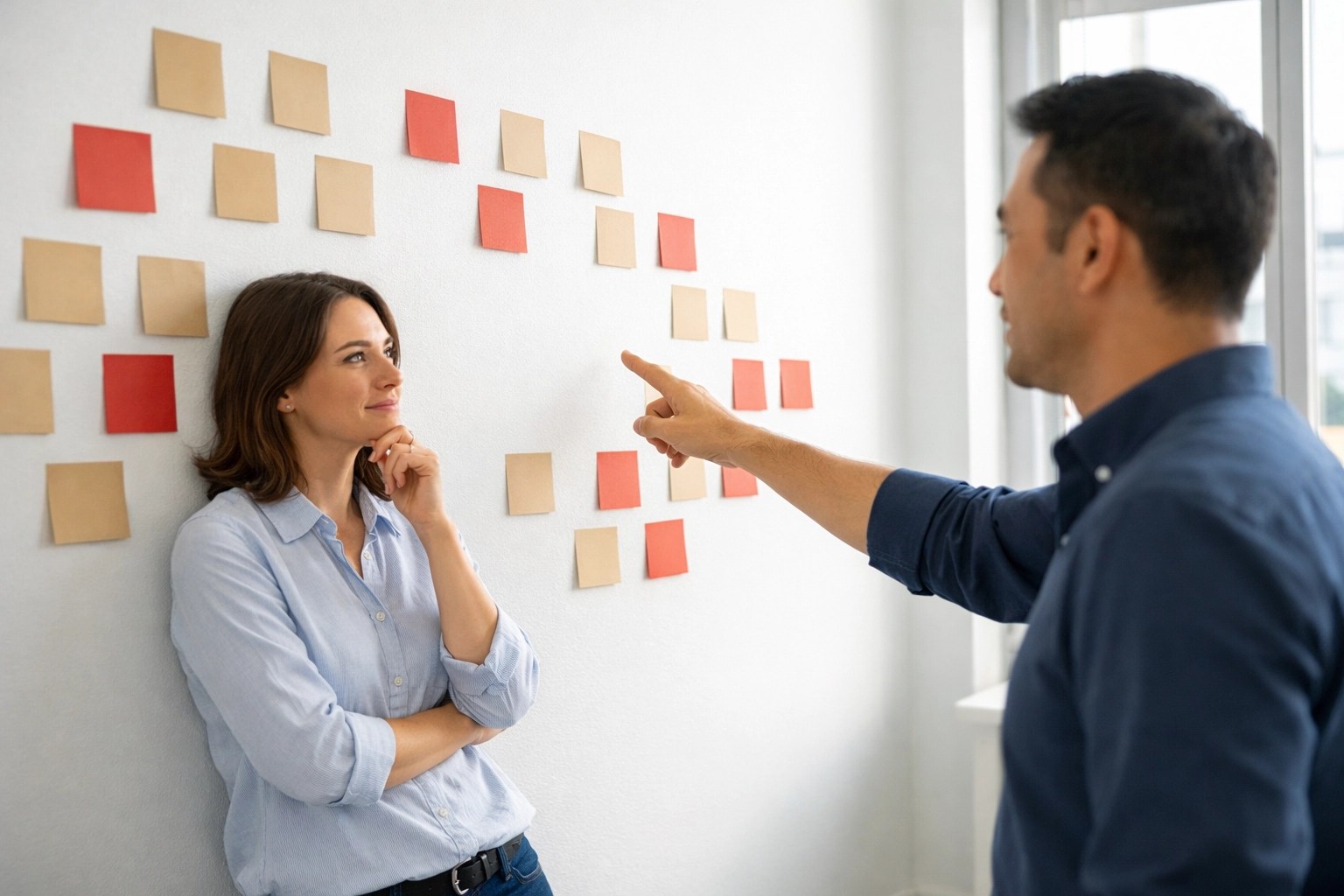 Two experts collaborating on operational consulting strategies using a wall of sticky notes in a sunlit office.