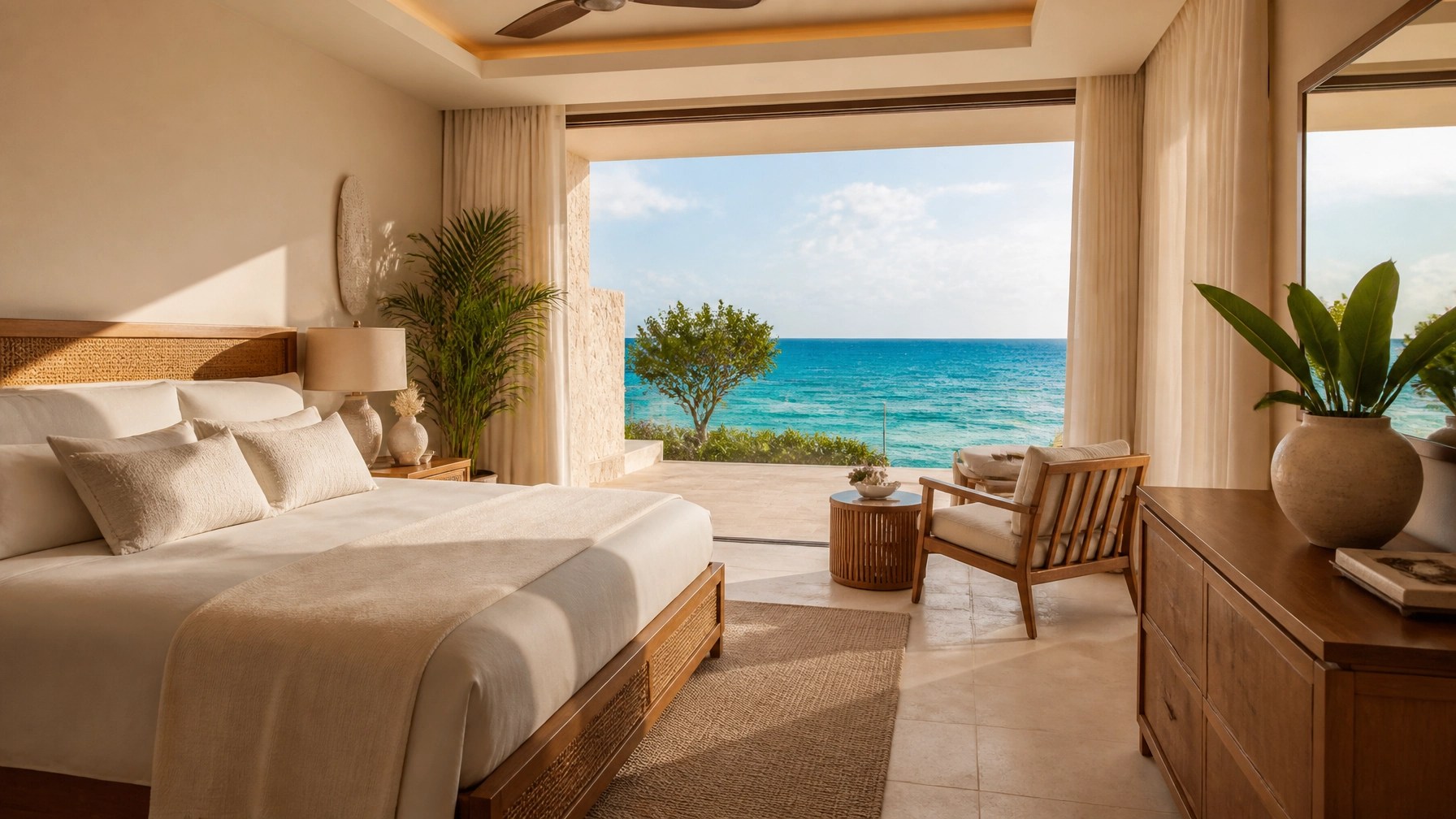 Serene ocean-view luxury suite with cream linens and a private terrace in Turks and Caicos