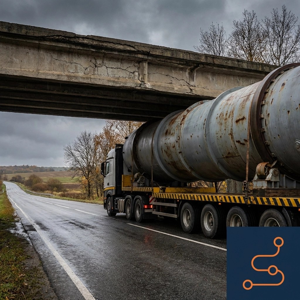 Heavy haul truck with oversized equipment navigating under a low bridge on rural highway for specialized route planning
