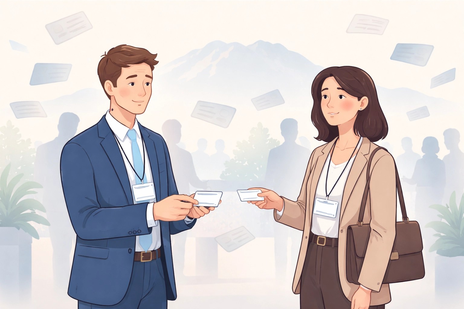 Business networking scene with a man and woman exchanging business cards, set against a blurred background of other professionals, symbolizing referral connections and collaboration in Colorado Springs.