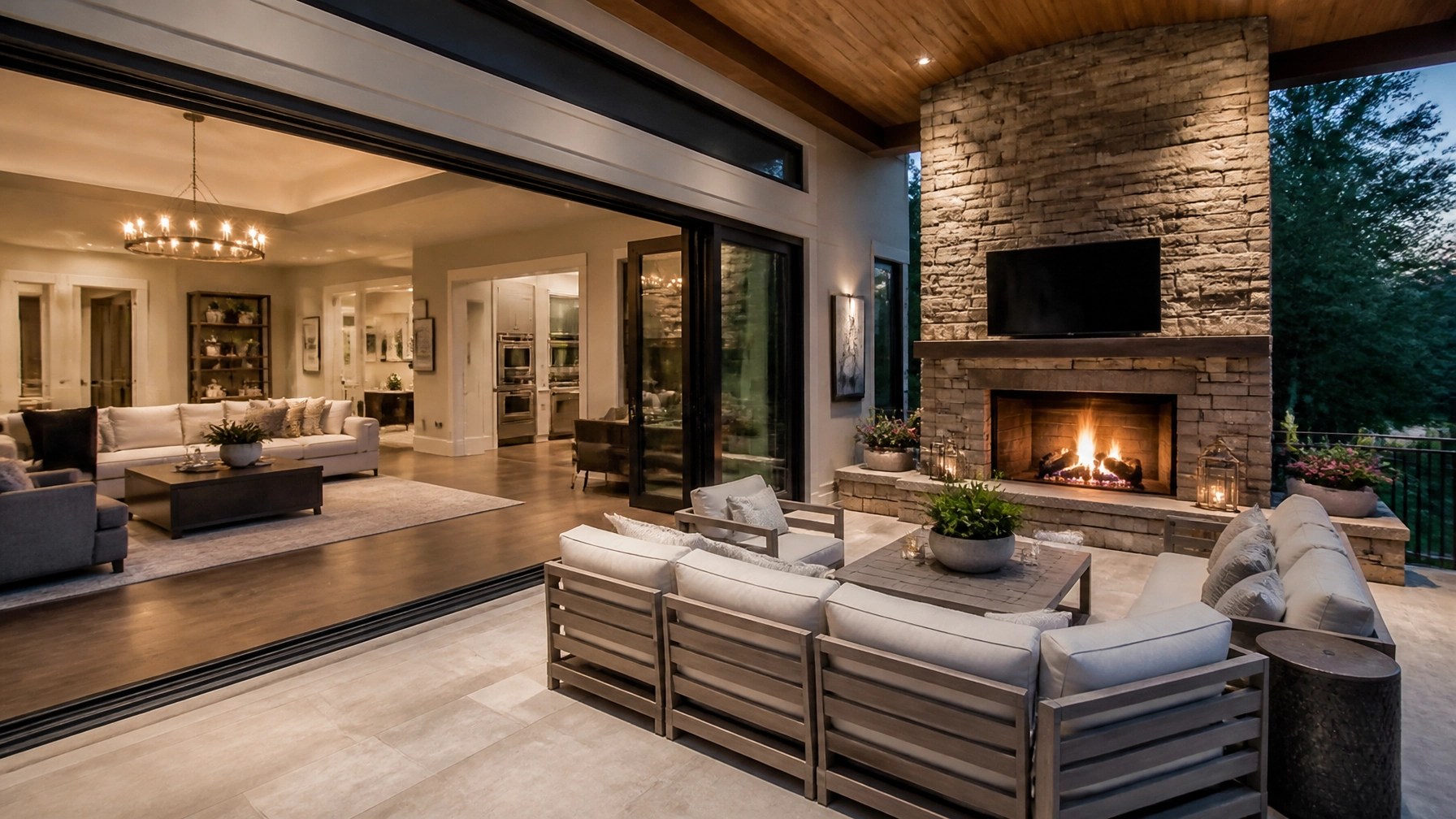 A cozy outdoor fireplace integrated into a house addition with comfortable seating.