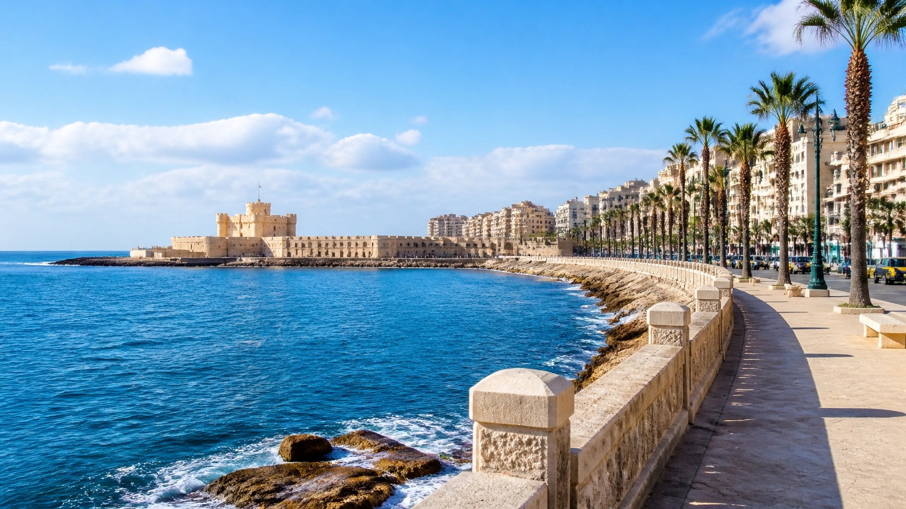 Alexandria’s Mediterranean waterfront with blue sea and historic coastal architecture