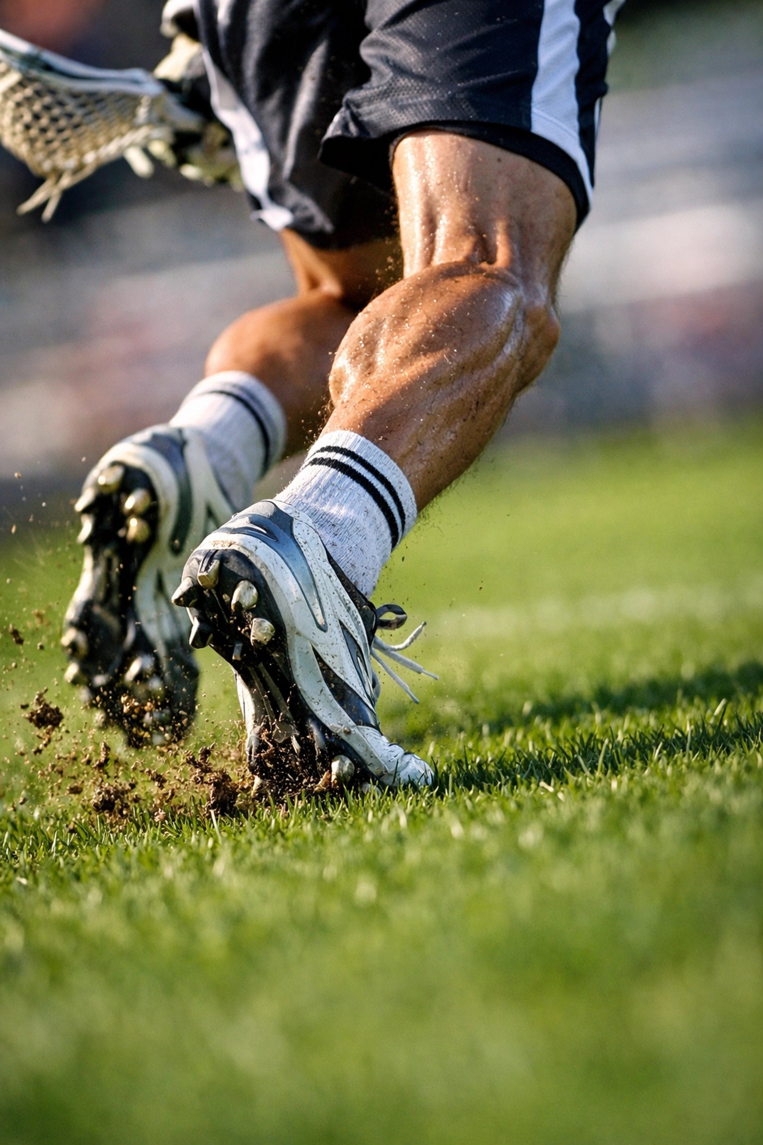 Lacrosse player sprinting on a field, highlighting the muscle agility and physical strain of the sport.