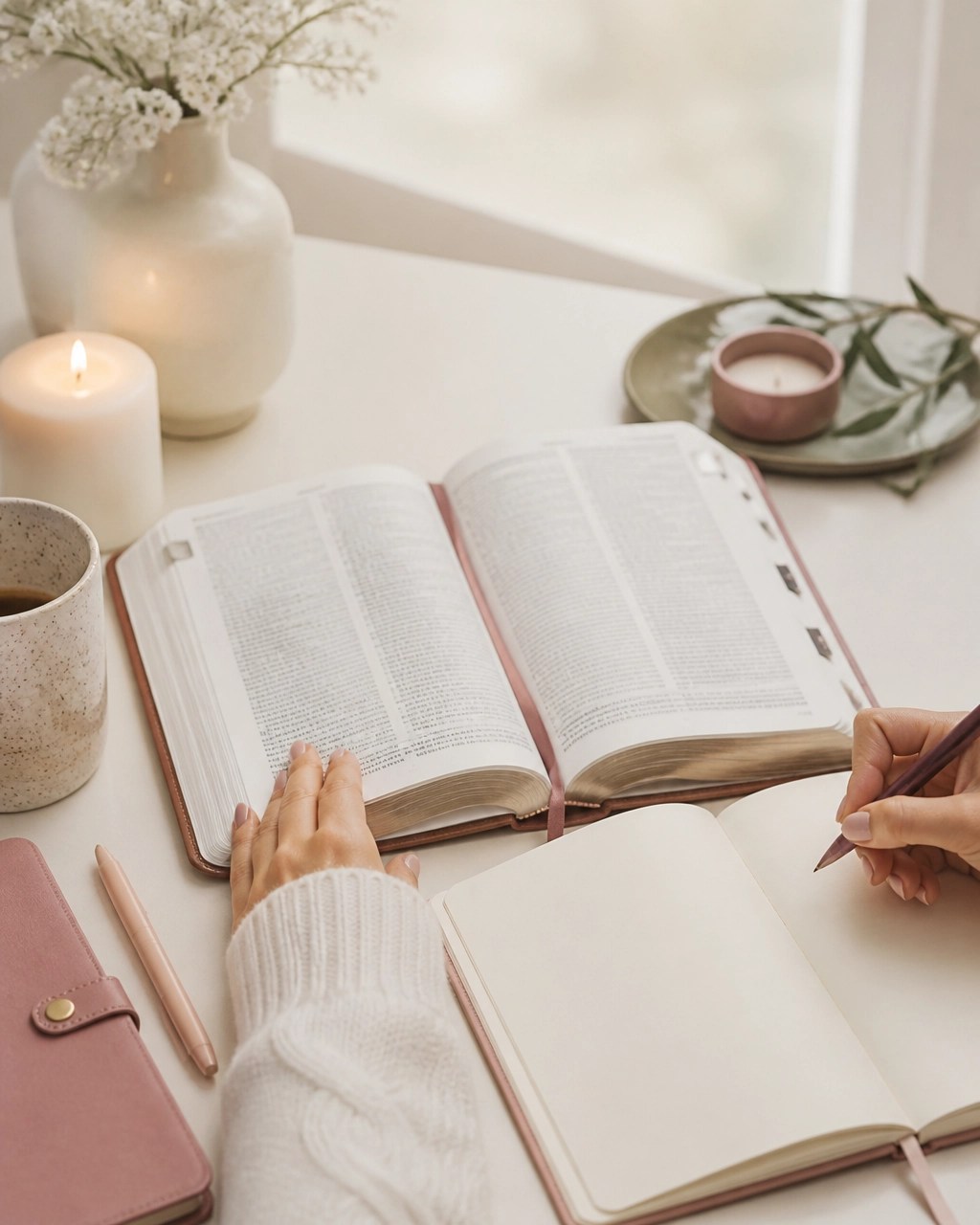 Woman opening a Bible and writing a simple note in a cream notebook with soft natural light