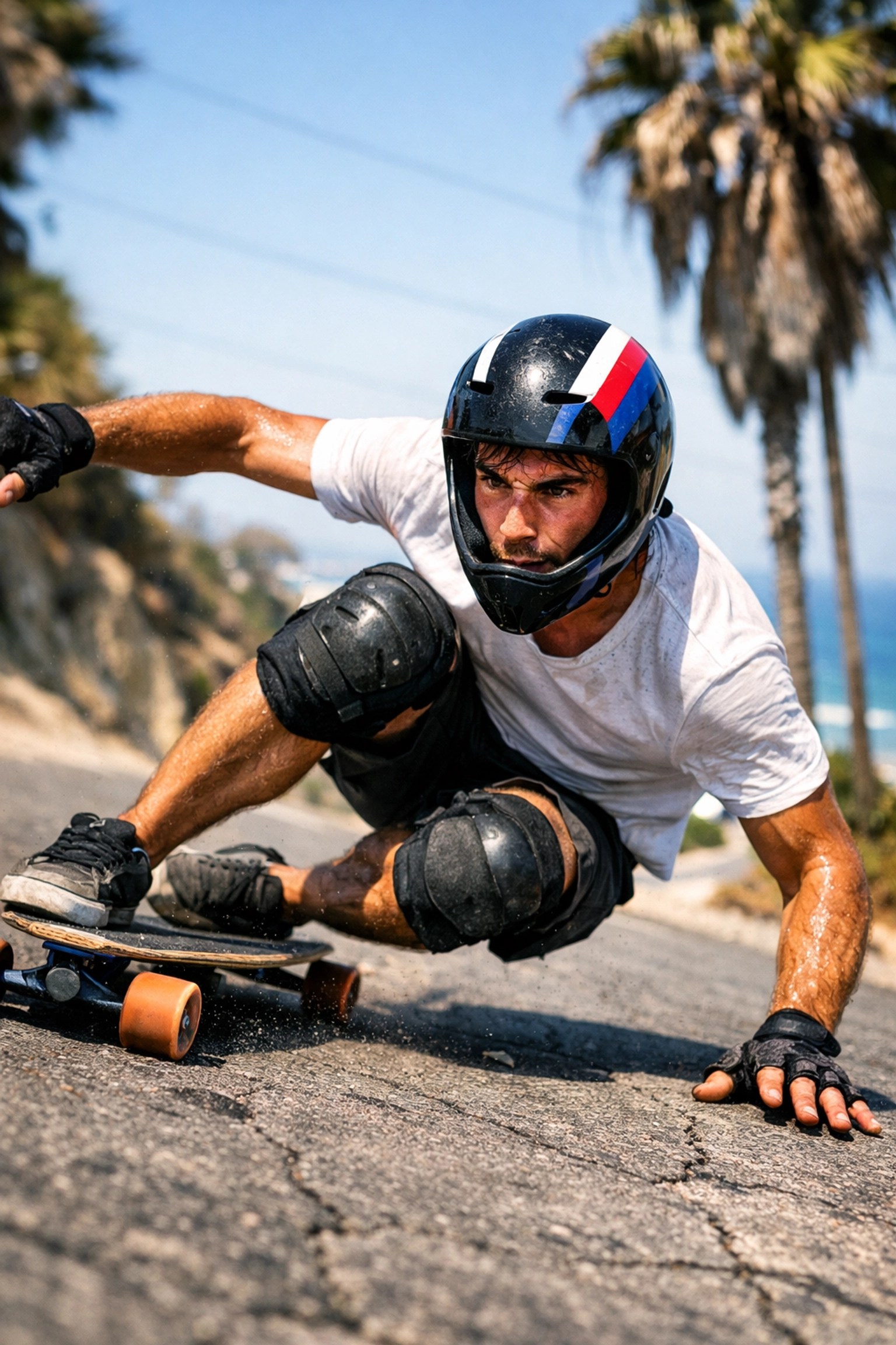 Tibs Parise, the best longboard skater, performing a high-speed carve on a sun-bleached road in California.