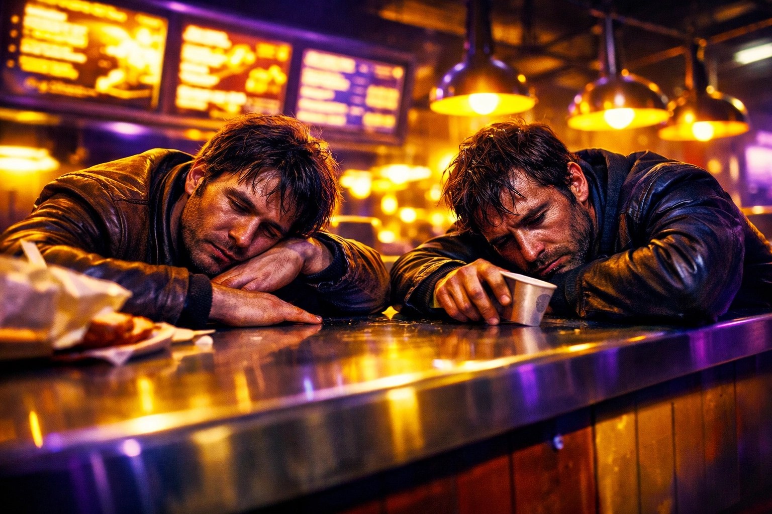 Dante and Randal leaning against the Mooby's fast-food counter in Clerks II.