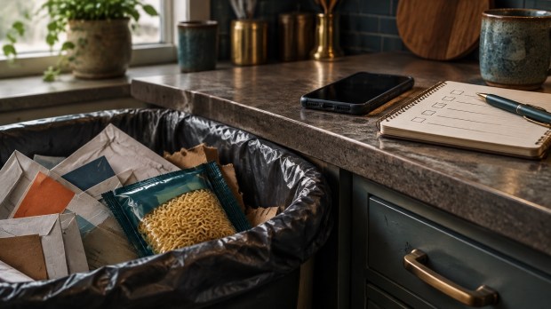 Unopened noodles in a kitchen garbage bin beside discarded mail, with a secure phone and checklist beyond the bin