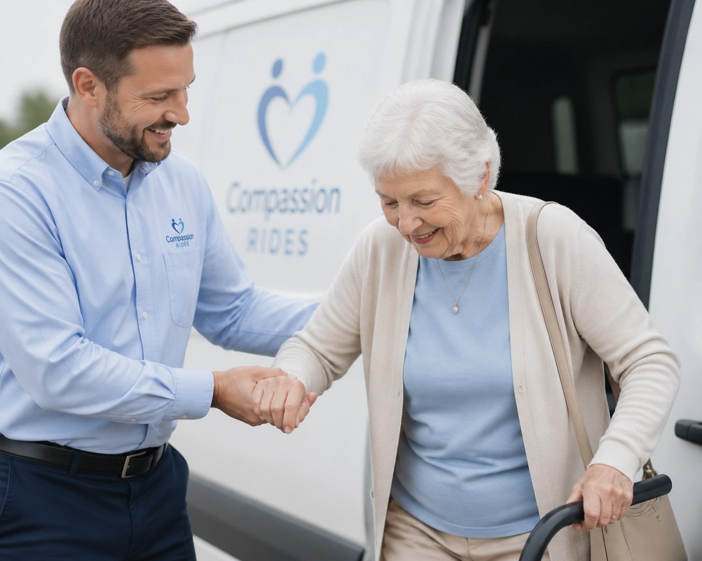 Compassionate medical transport driver assisting an elderly passenger for a safe ride.