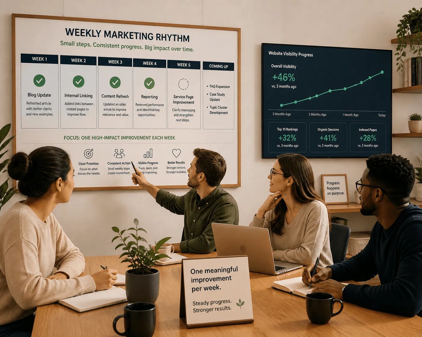 A small team calmly reviewing a weekly marketing rhythm schedule on a digital chart.