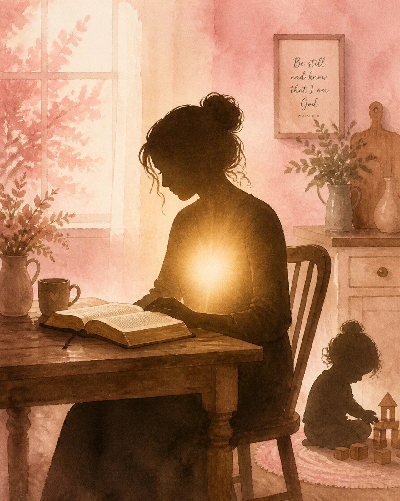 A silhouette of a mother sitting at a wooden kitchen table with an open Bible, her chest glowing with a warm light as her child plays nearby.