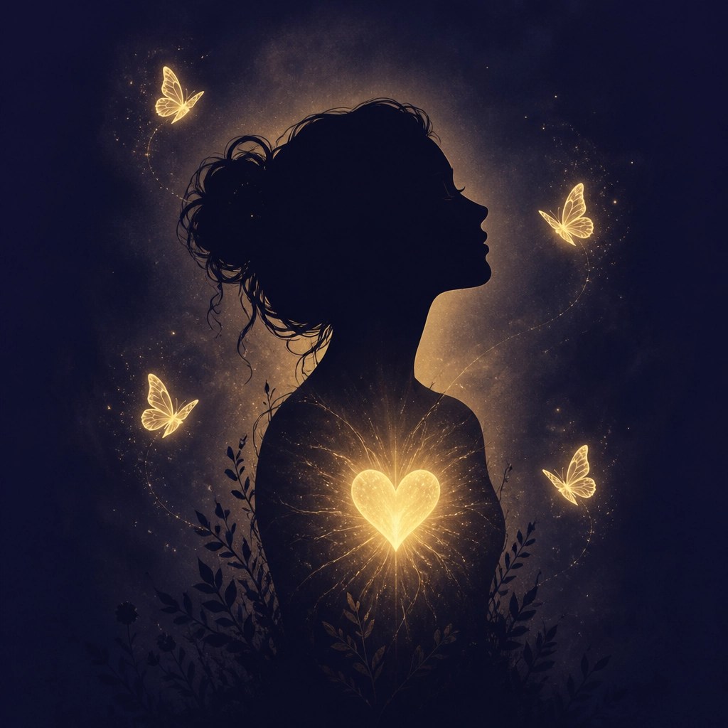 A woman's profile silhouette against a moody, dark indigo background. A central, glowing gold heart radiates from the chest area.
