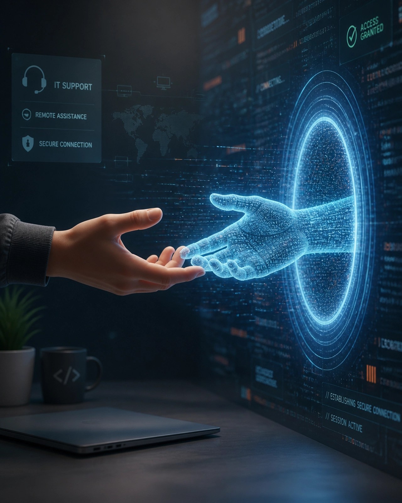 3D illustration of remote IT assistance and digital connectivity