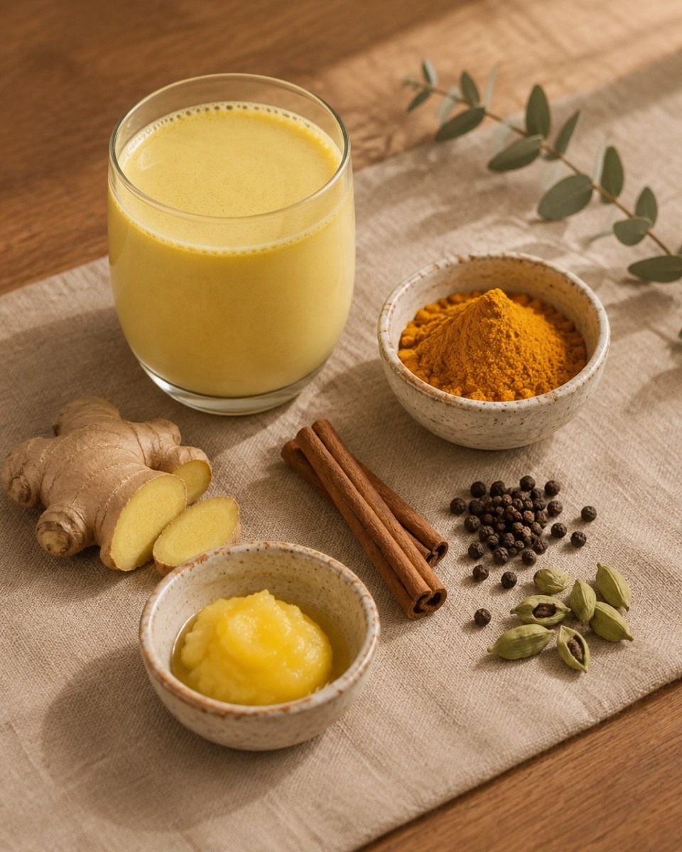 Ingredientes para preparar leche dorada con cúrcuma, jengibre, canela, cardamomo y ghee
