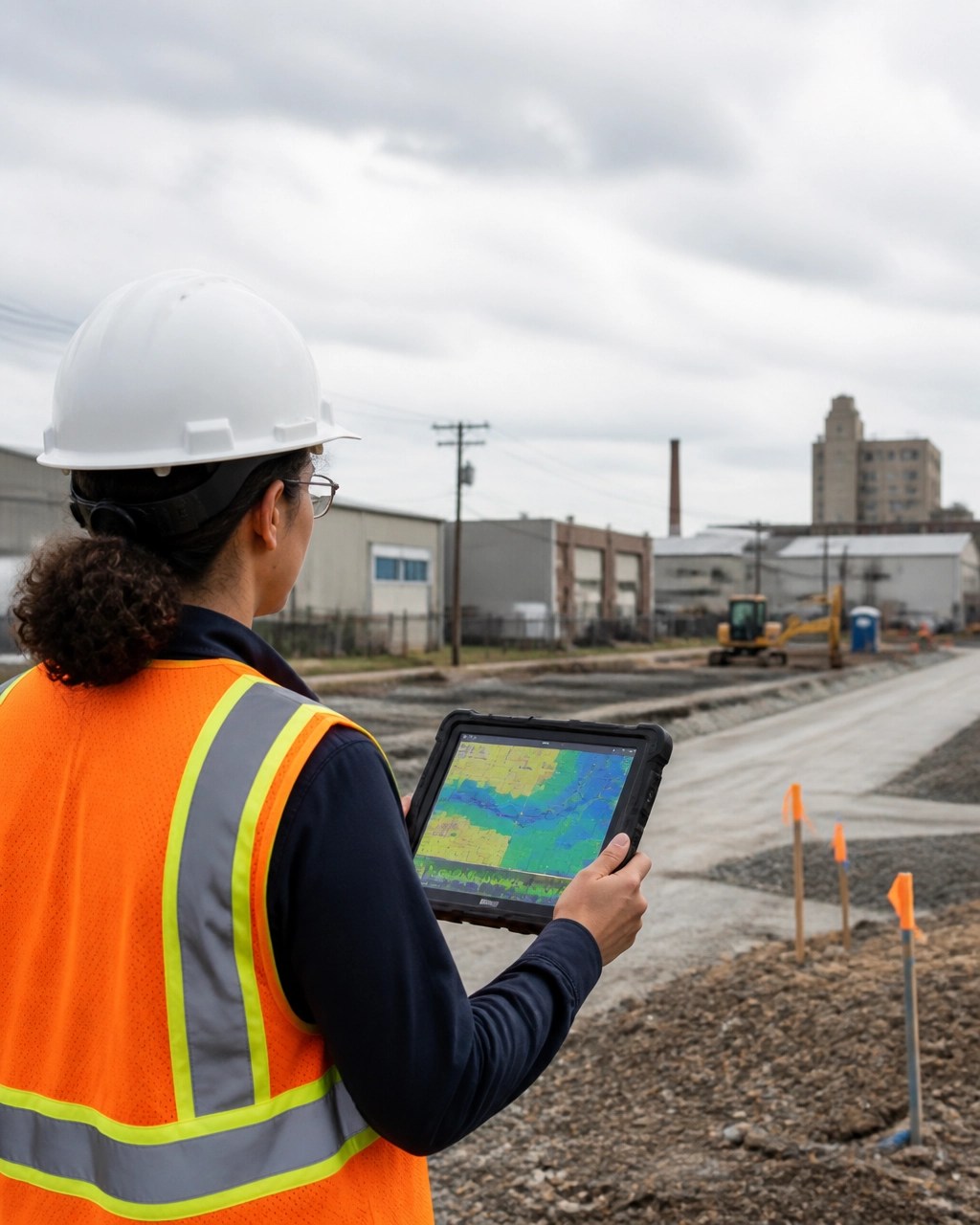 Environmental engineer reviewing a tablet with abstract environmental justice and census tract data at an urban brownfield site