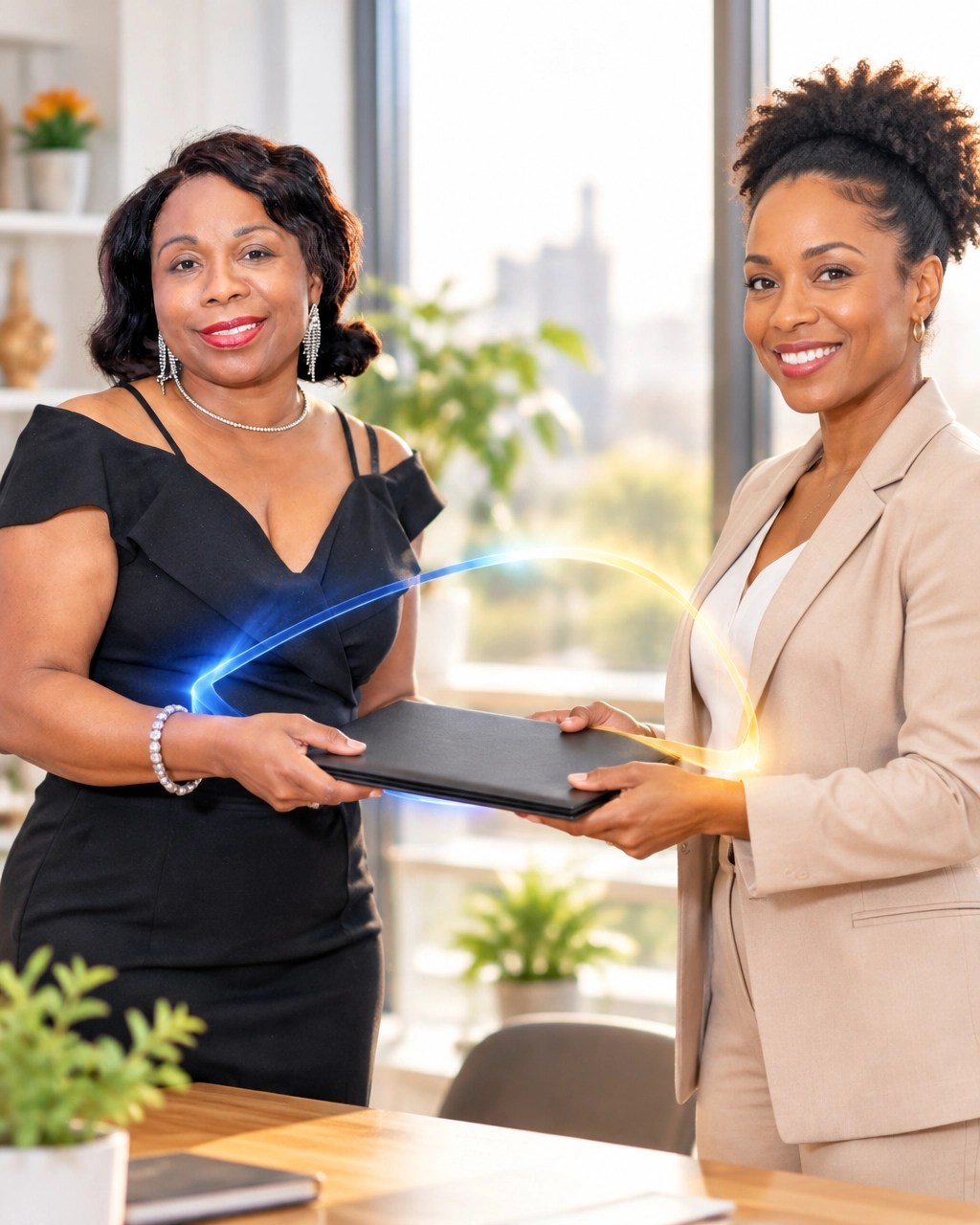 Two small business partners exchanging a succession-planning folder in a bright office, symbolizing a cross-purchase agreement