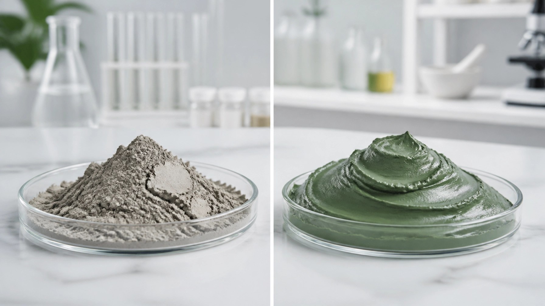 A visual comparison of vibrant French Illite clay vs generic grey clay.