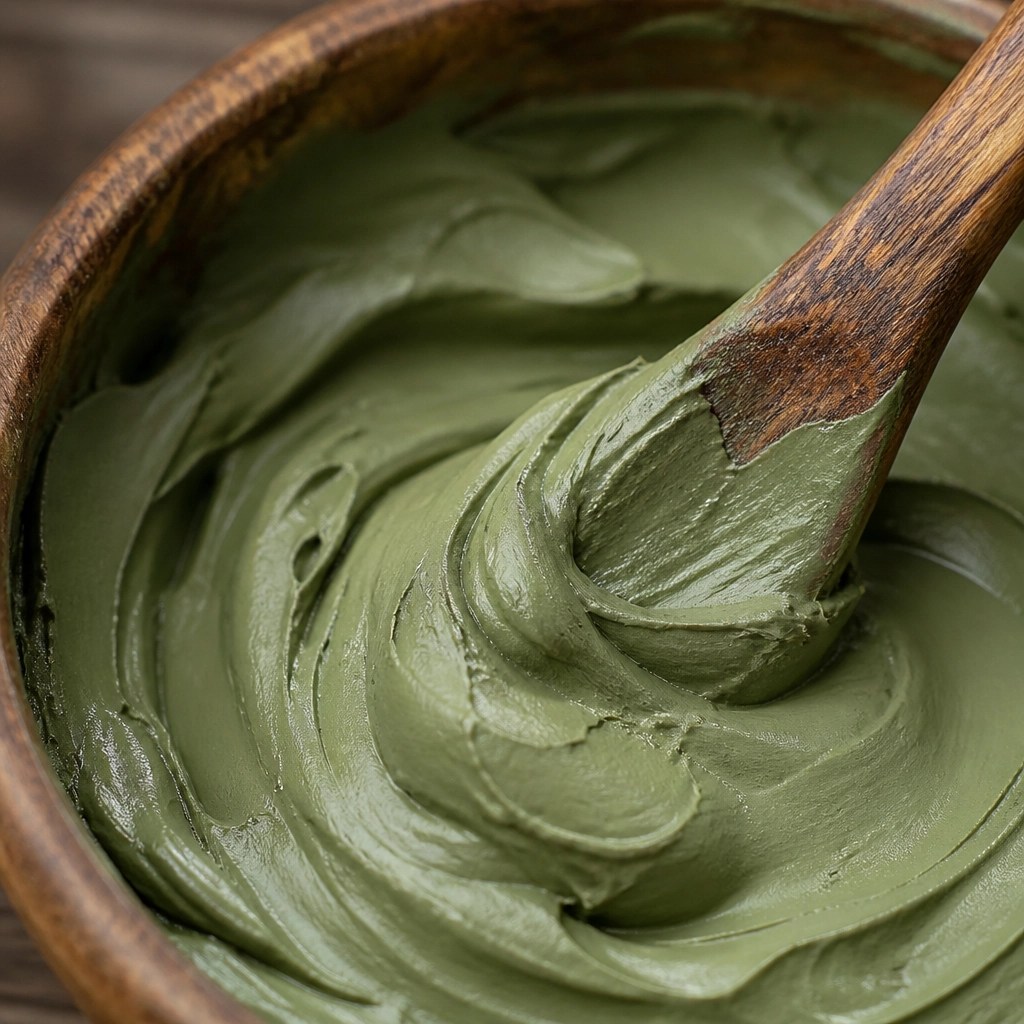 Close up of smooth French green clay in a wooden bowl