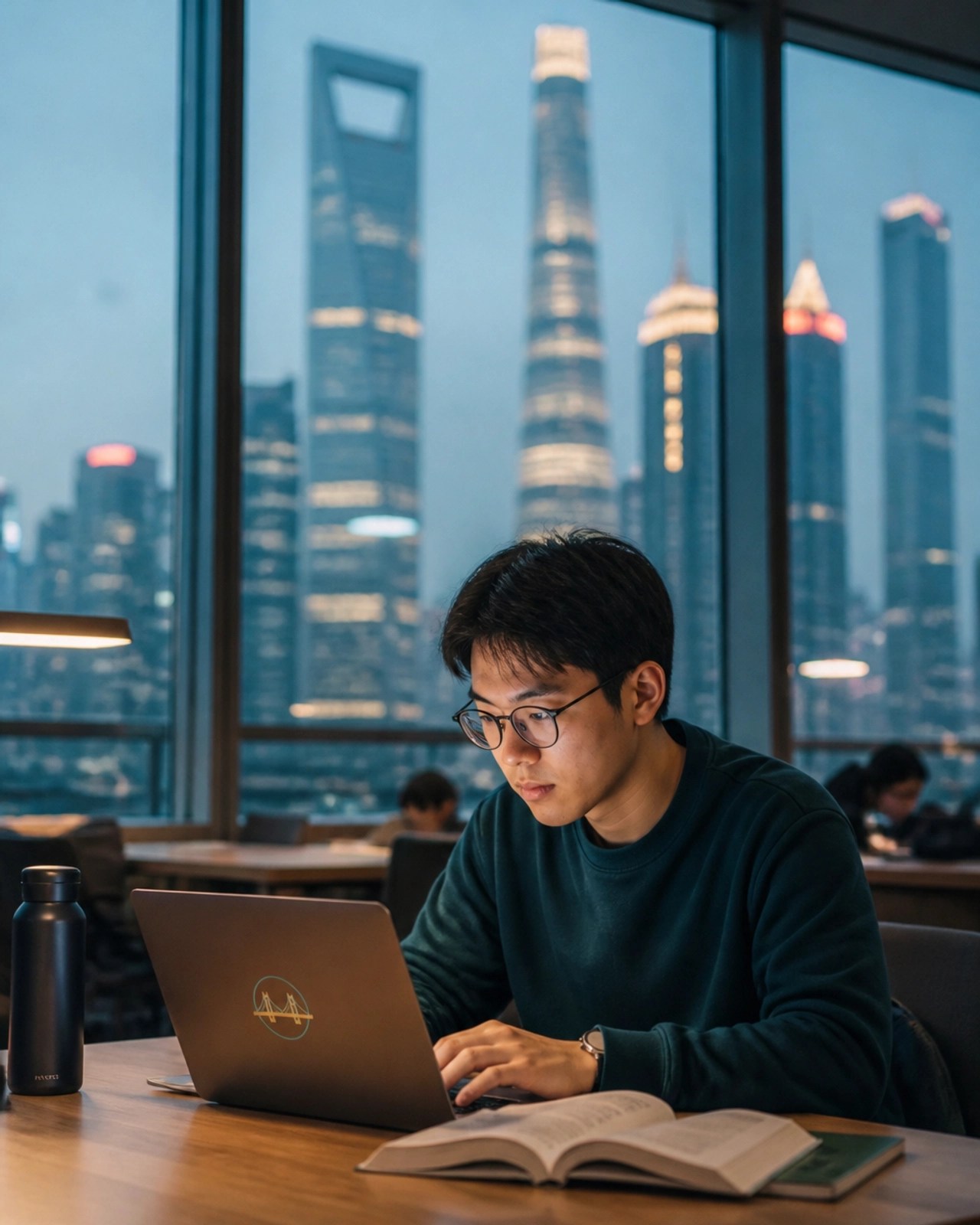 A student studying in a modern Asian metropolis library