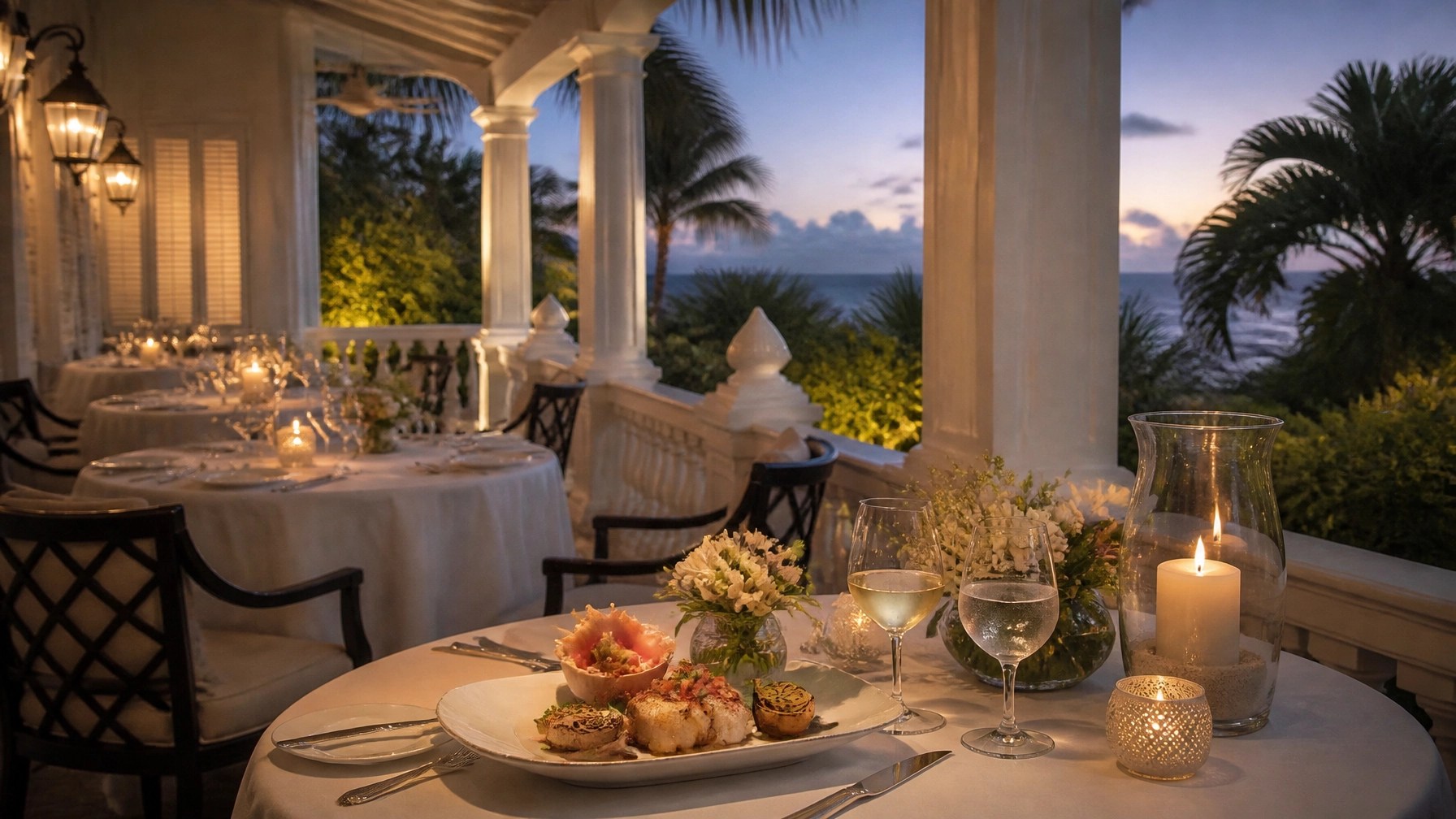 Elegant historic Bahamian dining terrace with tropical garden surroundings