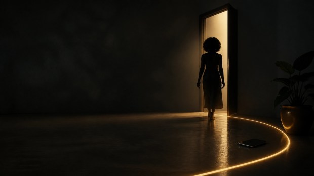 Distant silhouette of a Black woman leaving a softly glowing doorway while a phone remains outside the illuminated threshold