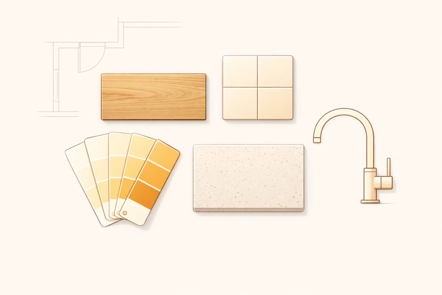 Material samples including wood, tile, and paint chips for a fully customized new home project.