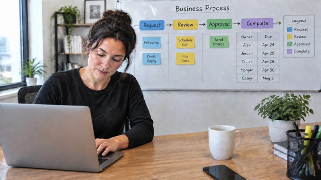 Woman typing at desk with clearly labeled workflow board behind her