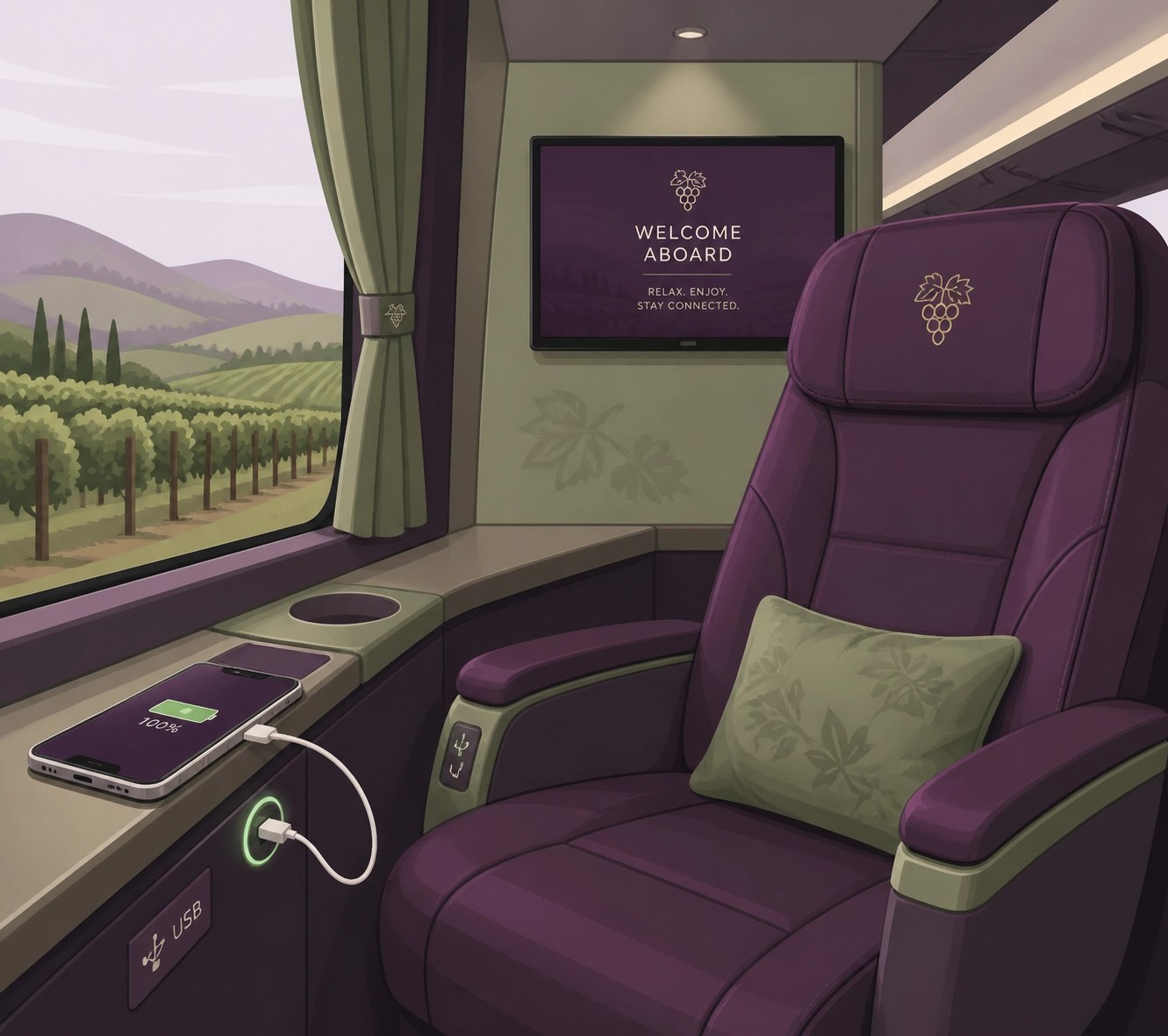 Luxury bus amenities including executive seating, USB charging ports, and monitors for group vineyard tours.