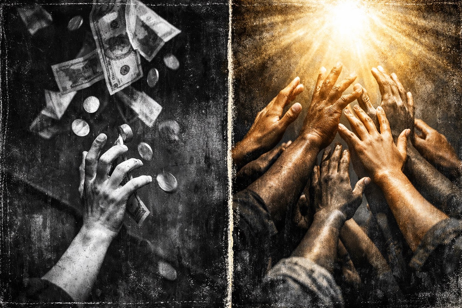 Zero-sum mindset contrast: hands grasping money versus diverse hands united in solidarity