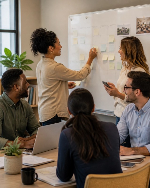 Small real estate team planning follow-up tasks and showings around a calendar