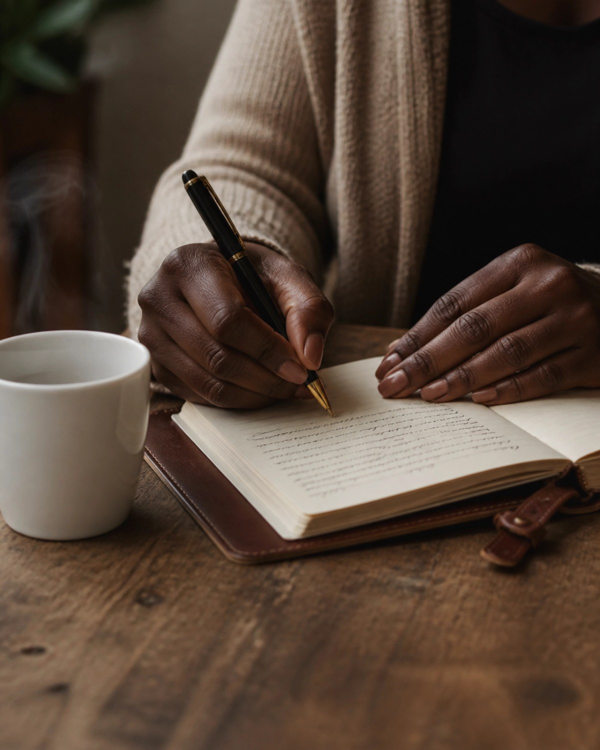 Hands of a Black individual writing in a journal next to a warm cup of tea, representing the importance of reflection.